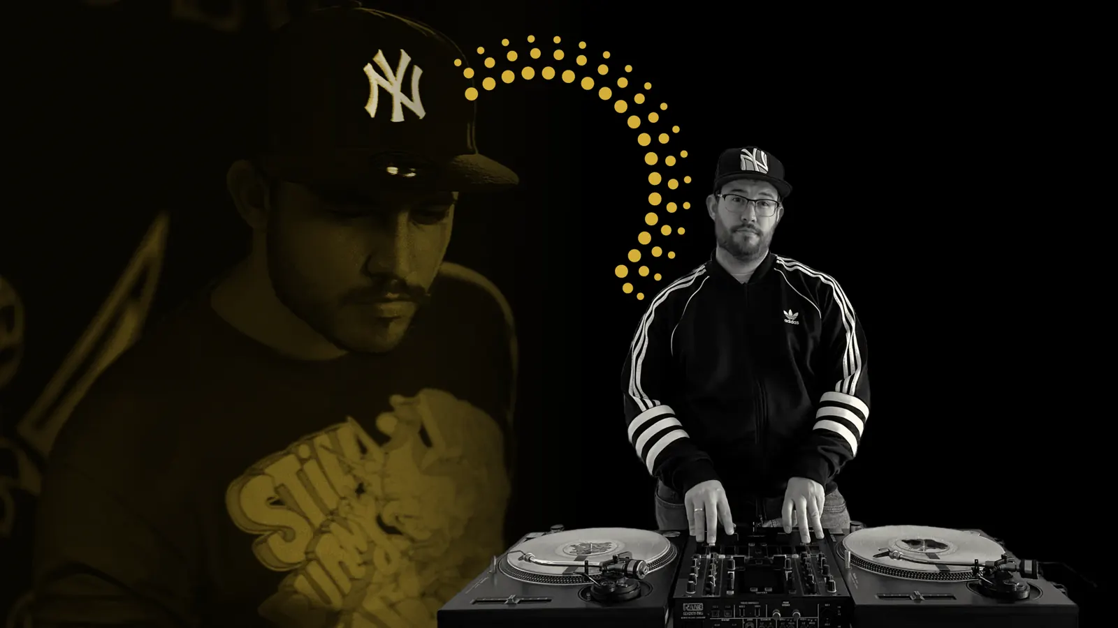 DJ Zas en 2012 y en 2020: montaje con foto de archivo y foto en cabina